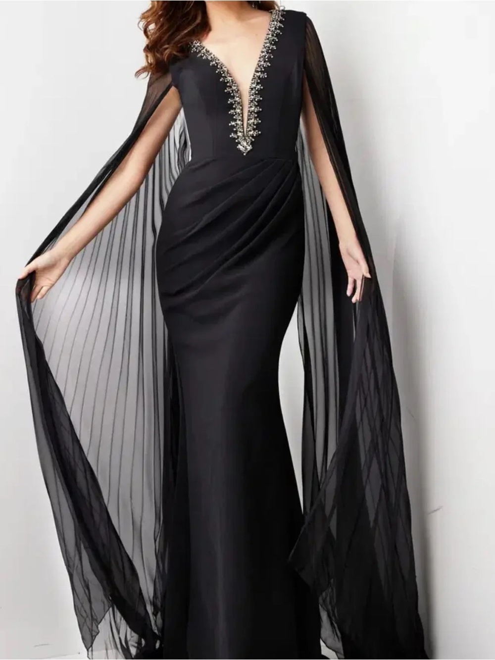 Jovani Black Beaded V-Neck Evening Gown with Sheer Cape Sleeves